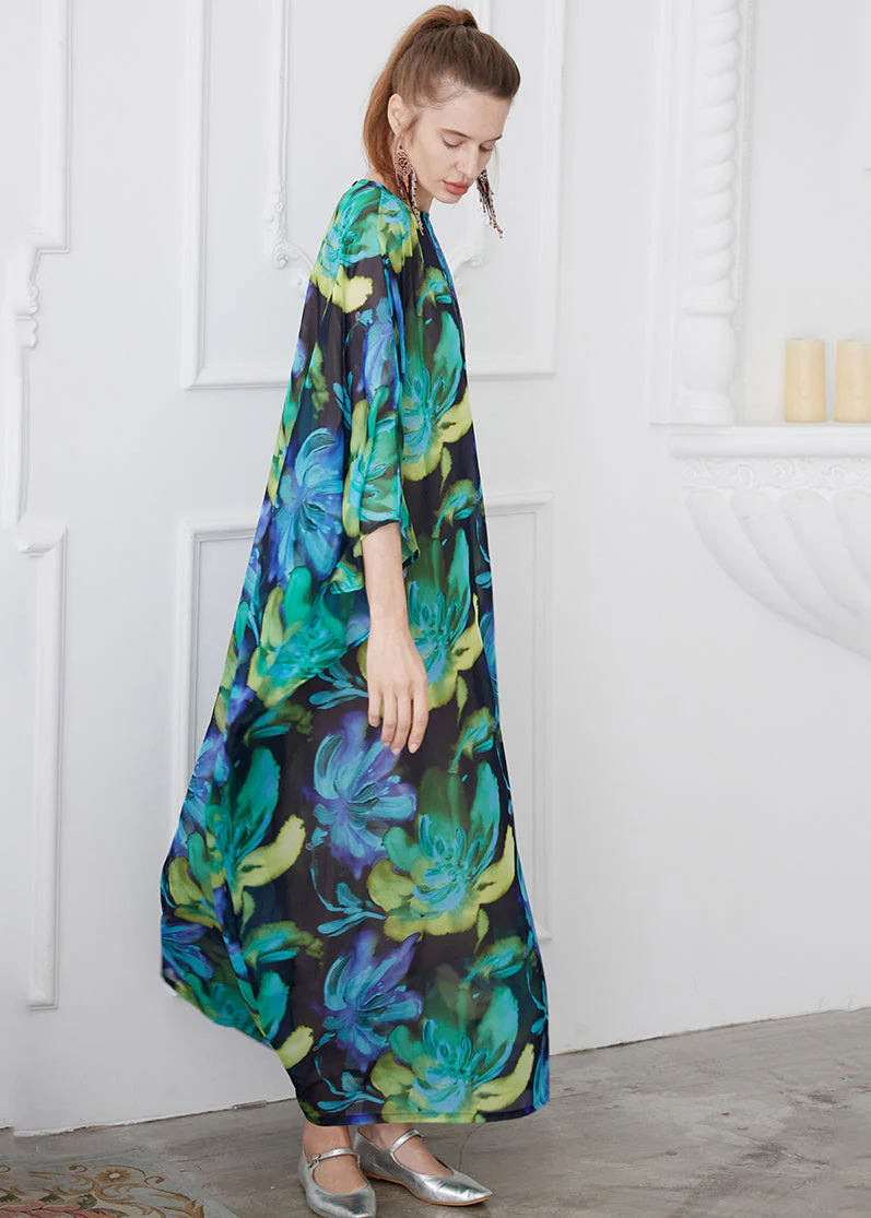 Bohemian Green O Neck Print Chiffon Robe Dress Summer - Image 4