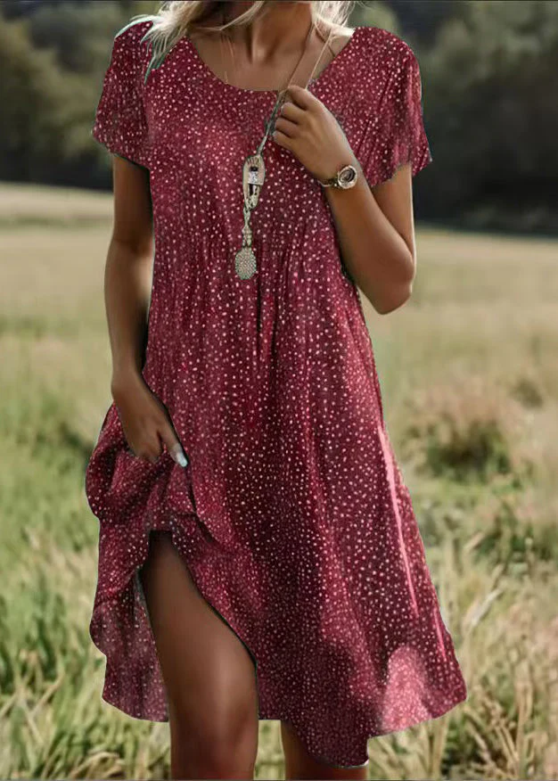 Bohemian Green O Neck Print Cotton Dress Short Sleeve - Image 2