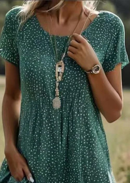 Bohemian Green O Neck Print Cotton Dress Short Sleeve - Image 4