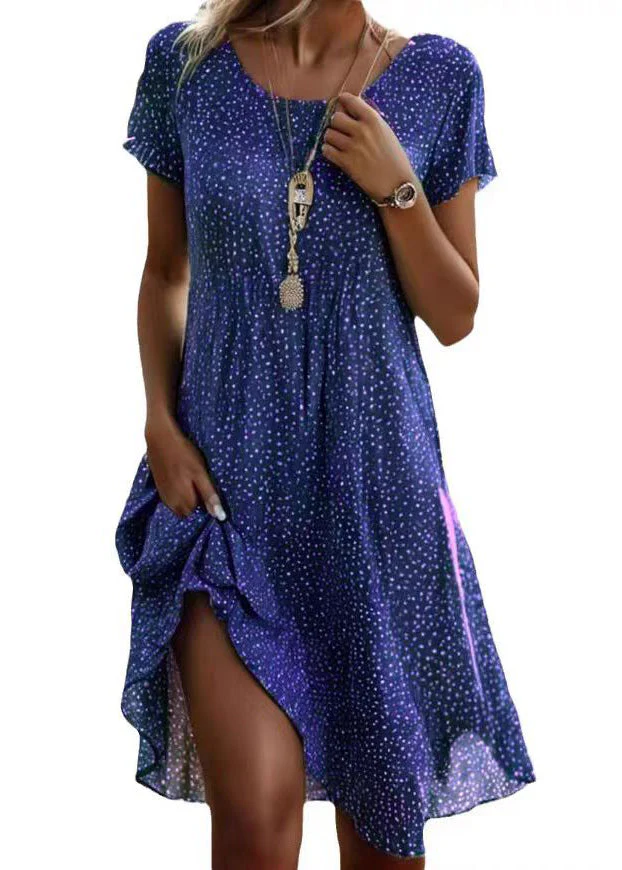Bohemian Green O Neck Print Cotton Dress Short Sleeve - Image 5