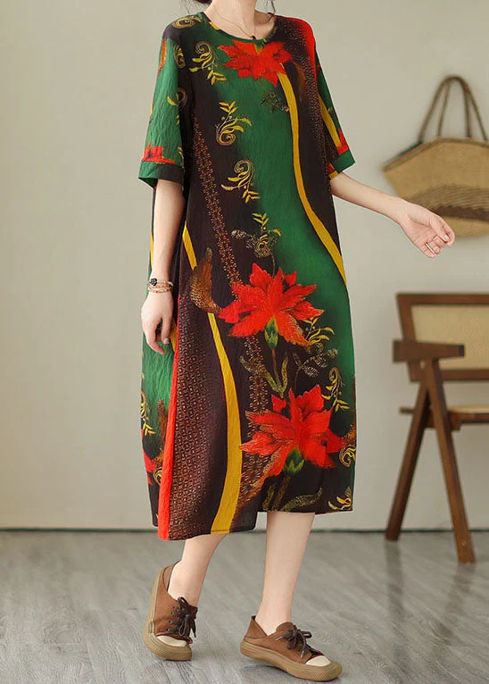 Bohemian Green O Neck Print Patchwork Cotton Dress Summer - Image 4