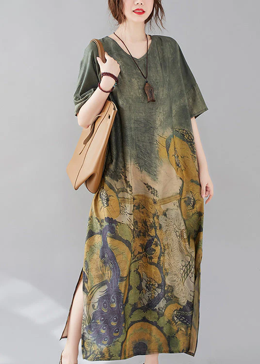 Bohemian Green O-Neck Print Side Open Long Dress Short Sleeve - Image 3
