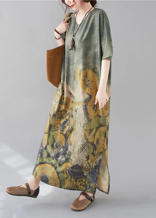 Bohemian Green O-Neck Print Side Open Long Dress Short Sleeve - Image 4