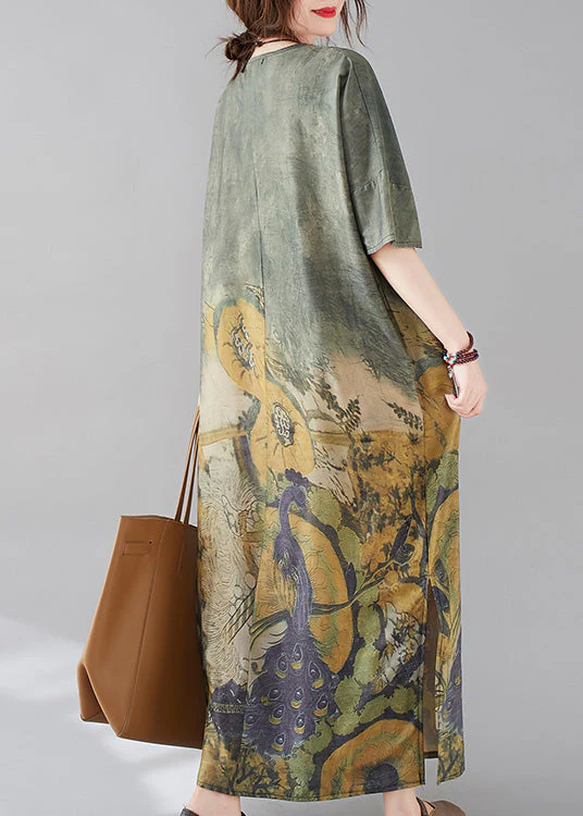 Bohemian Green O-Neck Print Side Open Long Dress Short Sleeve - Image 5