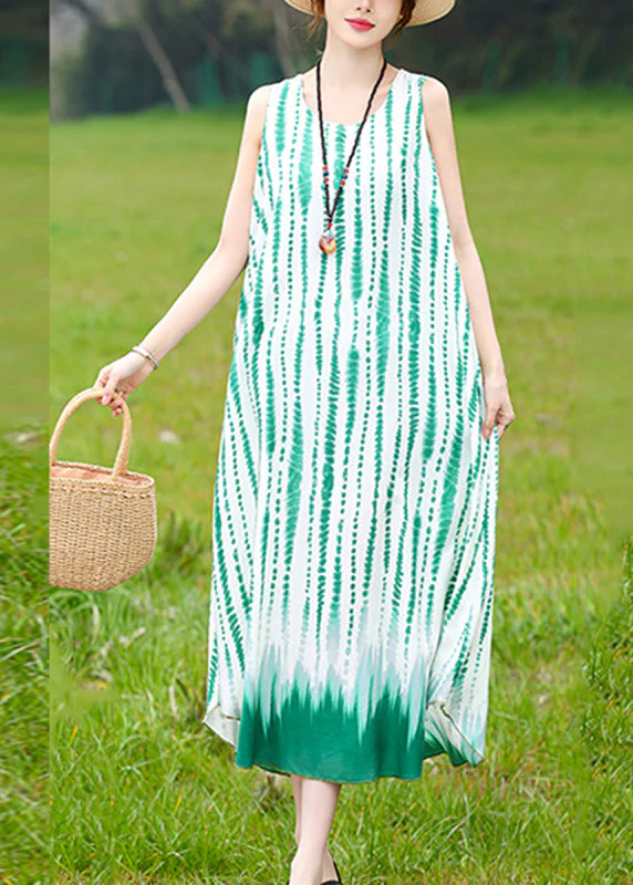 Bohemian Green O-Neck Striped Long Dress Summer - Image 3