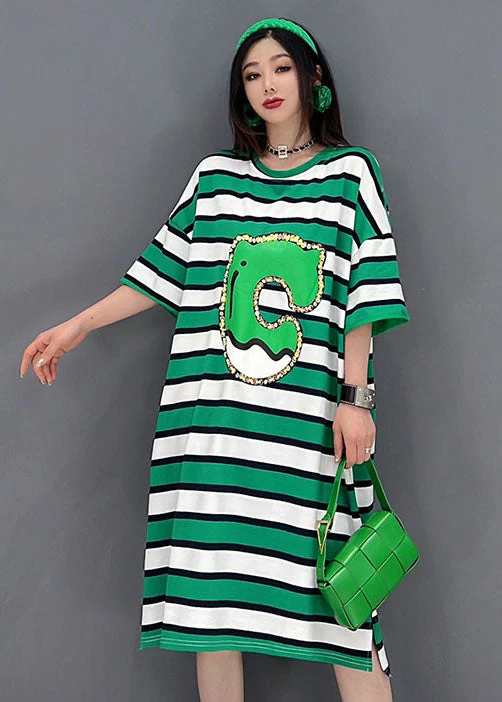 Bohemian Green O-Neck Striped Print Cotton Loose Dresses Short Sleeve