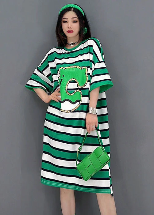 Bohemian Green O-Neck Striped Print Cotton Loose Dresses Short Sleeve - Image 2