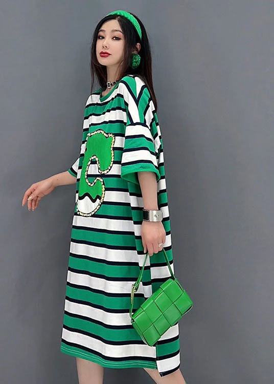 Bohemian Green O-Neck Striped Print Cotton Loose Dresses Short Sleeve - Image 3