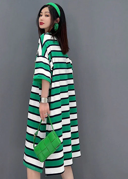 Bohemian Green O-Neck Striped Print Cotton Loose Dresses Short Sleeve - Image 4