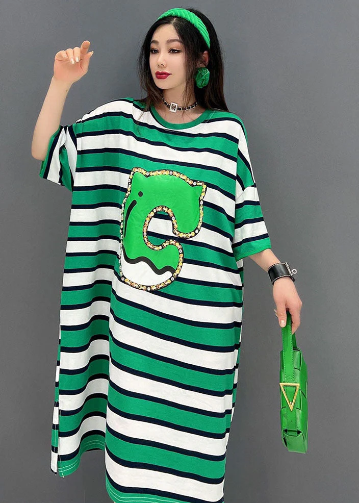 Bohemian Green O-Neck Striped Print Cotton Loose Dresses Short Sleeve - Image 5