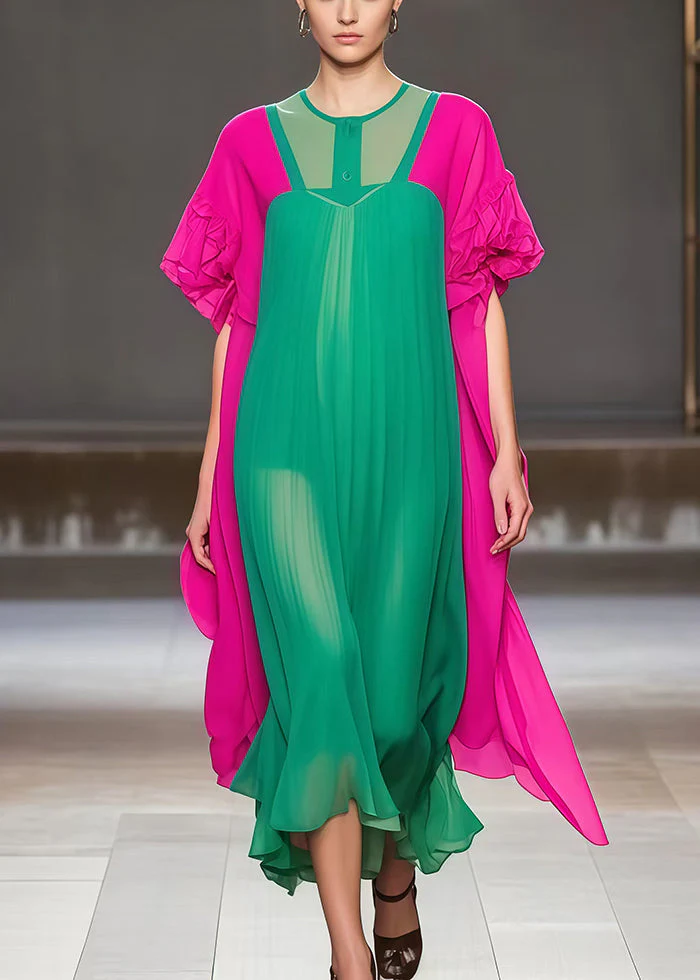 Bohemian Green Oversized Patchwork Chiffon Dress Summer - Image 5