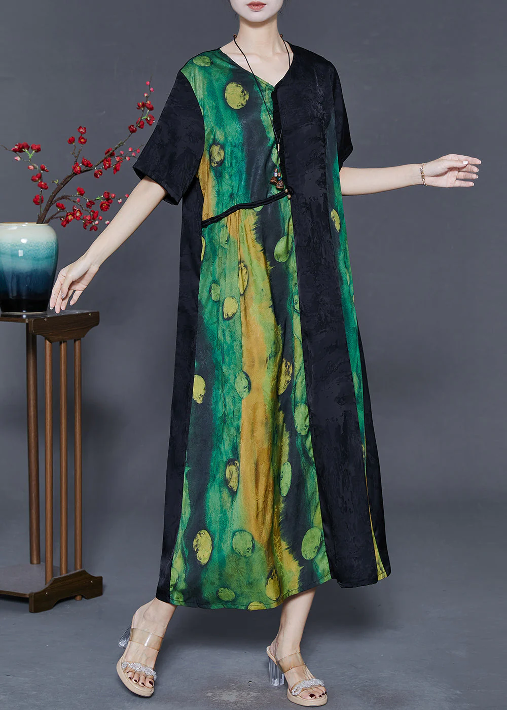 Bohemian Green Oversized Patchwork Silk Long Dress Summer - Image 3