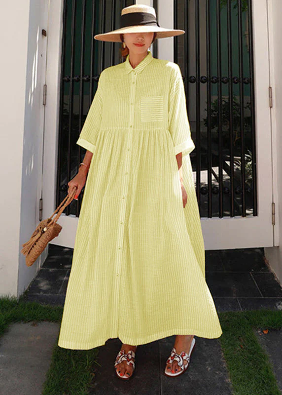 Bohemian Green Peter Pan Collar Striped Button Pockets Wrinkled Long Dresses Half Sleeve - Image 3