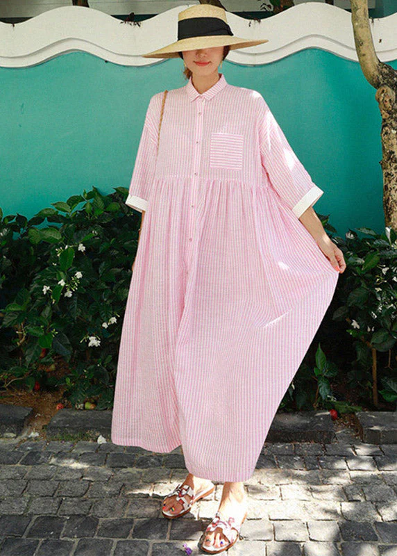 Bohemian Green Peter Pan Collar Striped Button Pockets Wrinkled Long Dresses Half Sleeve - Image 6