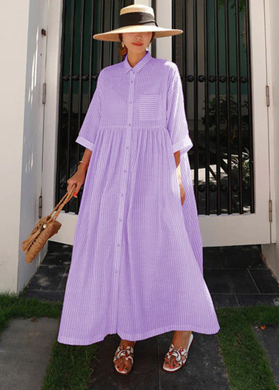 Bohemian Green Peter Pan Collar Striped Button Pockets Wrinkled Long Dresses Half Sleeve - Image 9