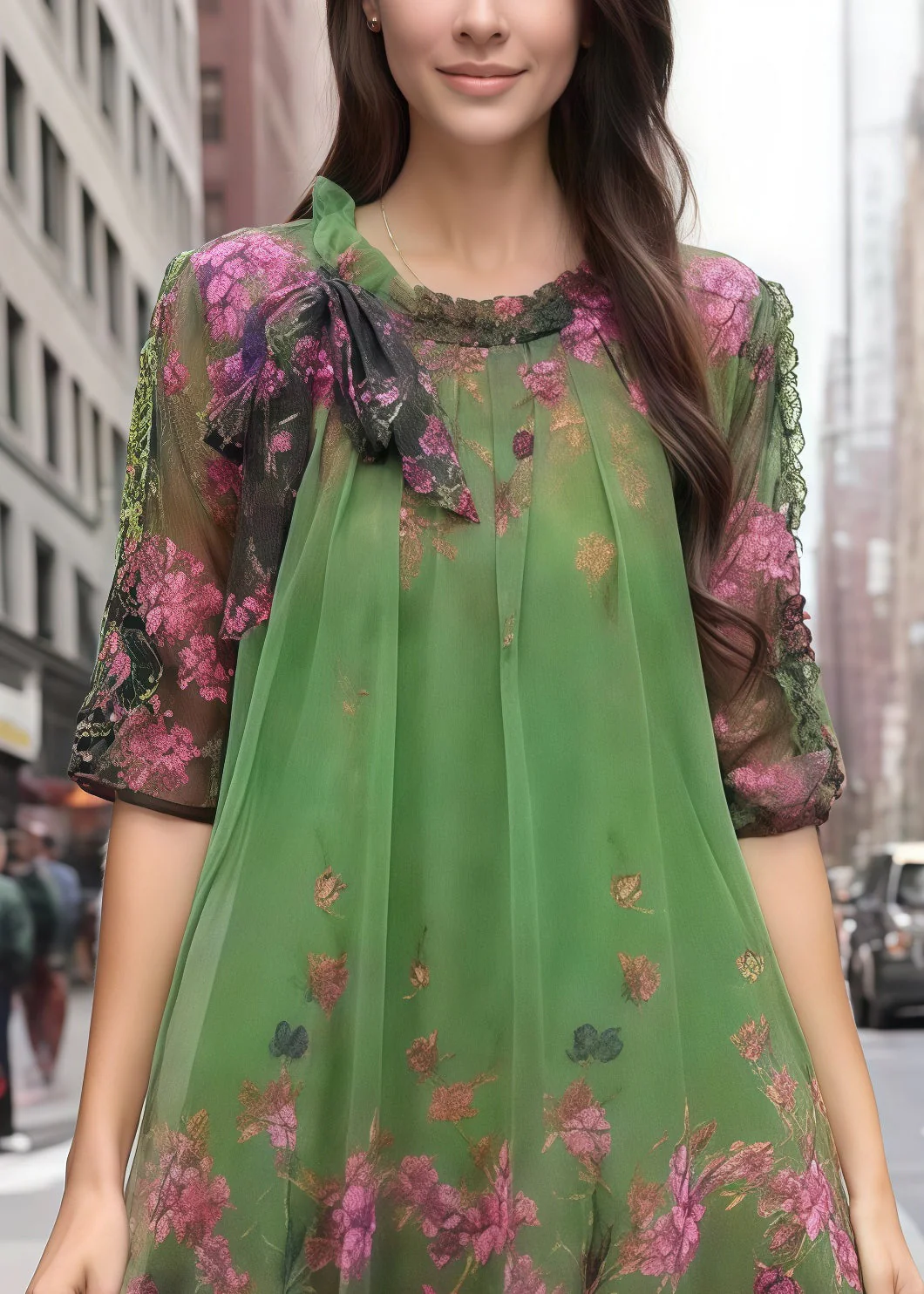 Bohemian Green Print Chiffon Vacation Dress Half Sleeve - Image 2
