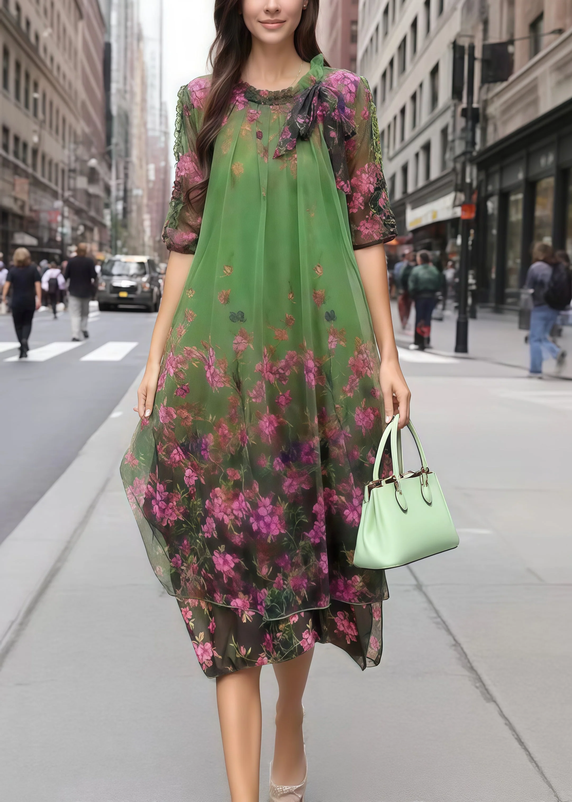 Bohemian Green Print Chiffon Vacation Dress Half Sleeve - Image 3