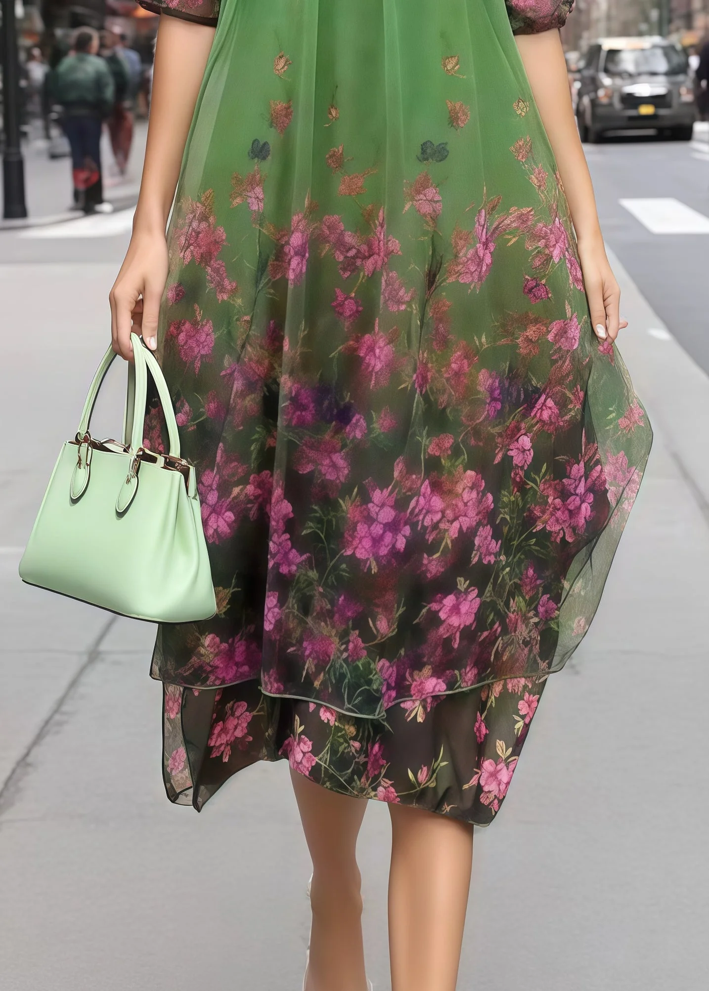 Bohemian Green Print Chiffon Vacation Dress Half Sleeve - Image 4