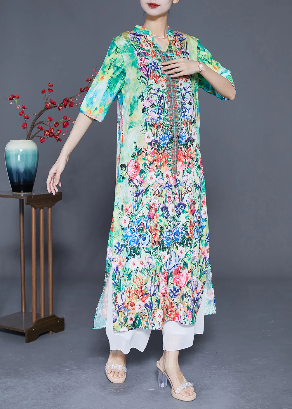 Bohemian Green Print Chinese Button Chiffon Party Dress Summer - Image 2