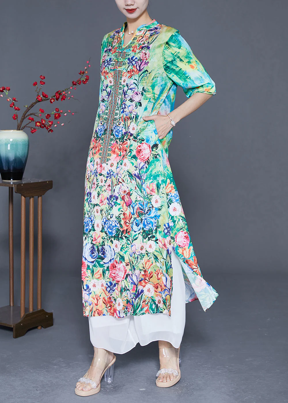 Bohemian Green Print Chinese Button Chiffon Party Dress Summer - Image 3