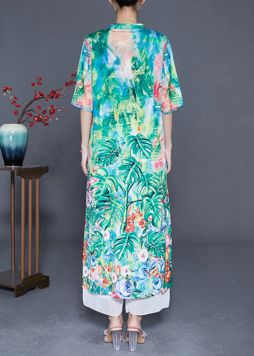 Bohemian Green Print Chinese Button Chiffon Party Dress Summer - Image 4