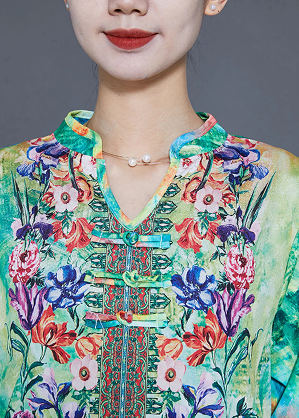 Bohemian Green Print Chinese Button Chiffon Party Dress Summer - Image 5