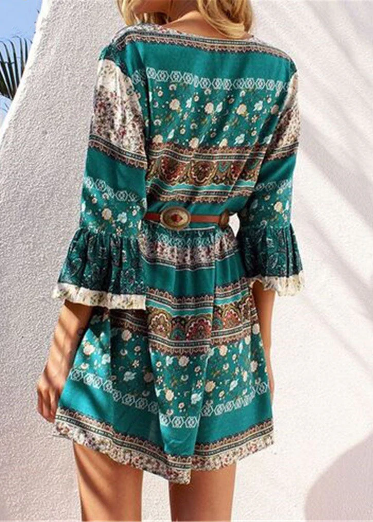 Bohemian Green Print Lace Up Chiffon Vacation Mid Dresses Flare Sleeve - Image 3