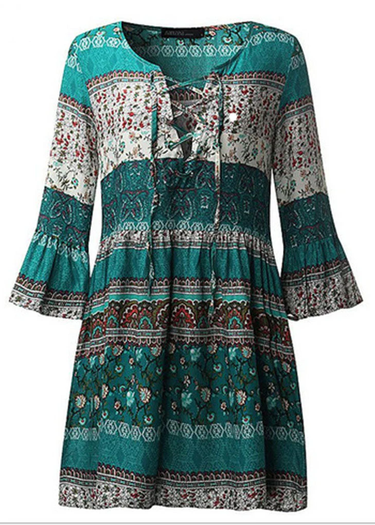 Bohemian Green Print Lace Up Chiffon Vacation Mid Dresses Flare Sleeve - Image 4
