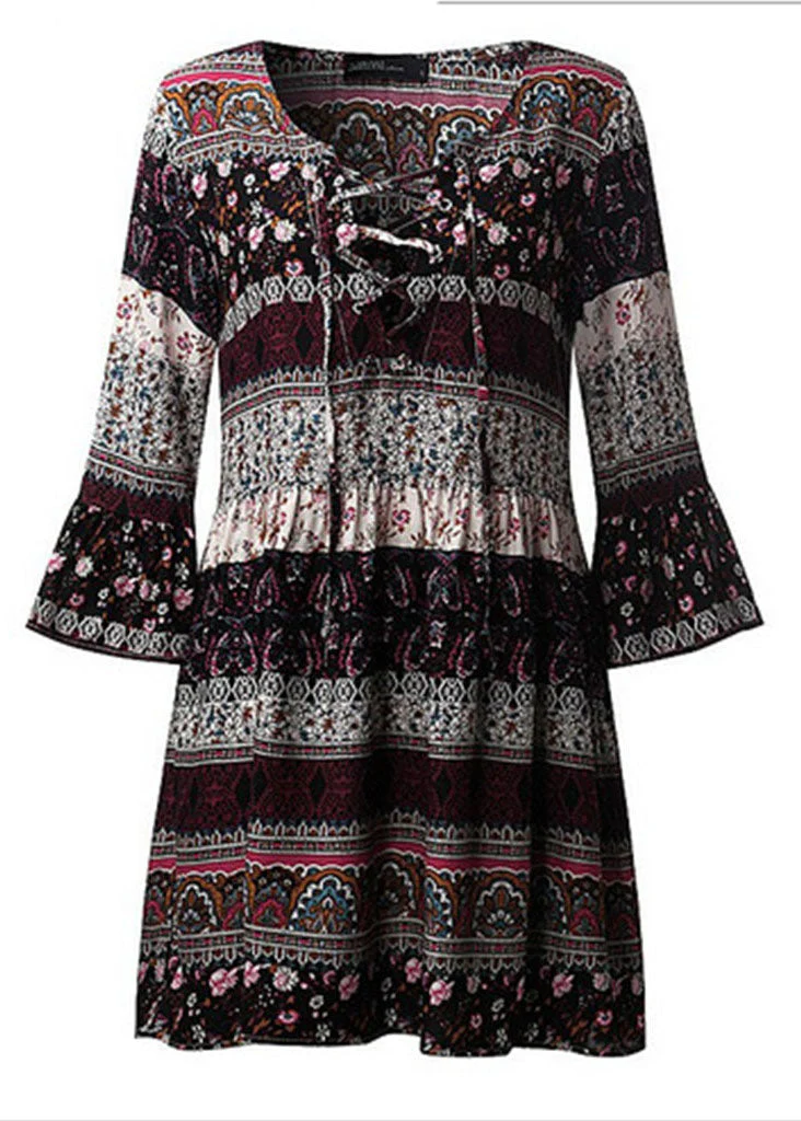 Bohemian Green Print Lace Up Chiffon Vacation Mid Dresses Flare Sleeve - Image 5