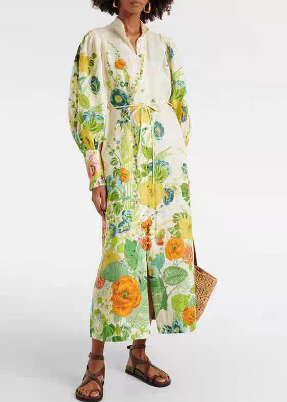 Bohemian Green Print Pockets Tie Waist Cotton Shirts Dresses Fall - Image 2