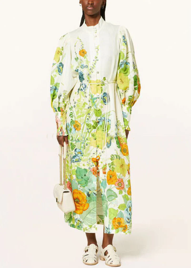Bohemian Green Print Pockets Tie Waist Cotton Shirts Dresses Fall - Image 3