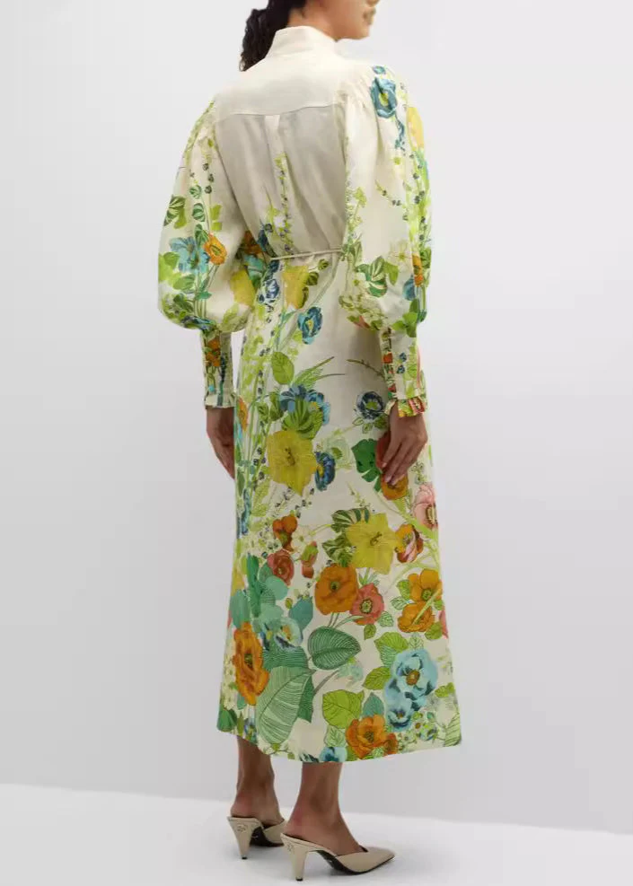 Bohemian Green Print Pockets Tie Waist Cotton Shirts Dresses Fall - Image 4