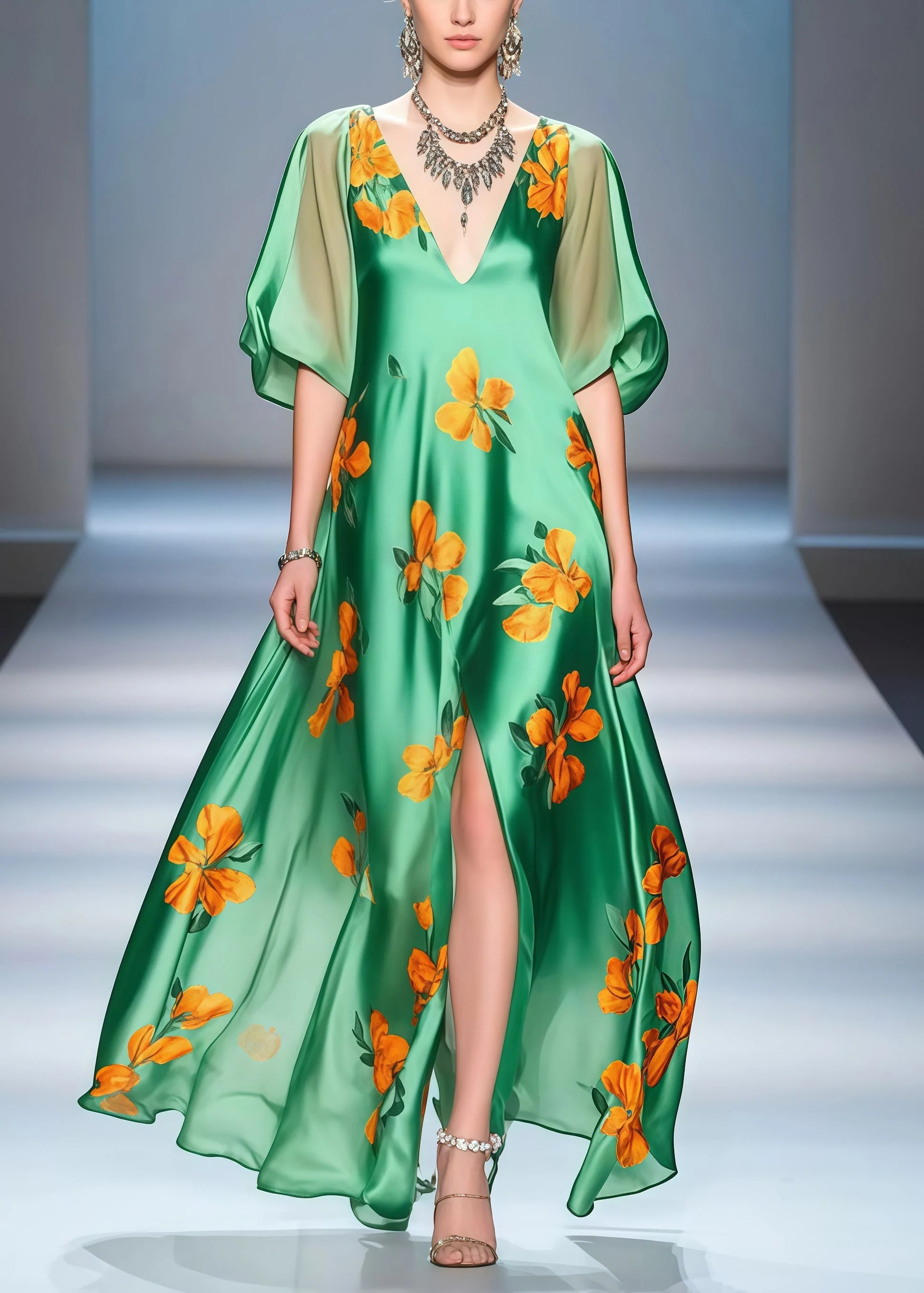 Bohemian Green Print Side Open Draping Silk Party Dress Summer - Image 3