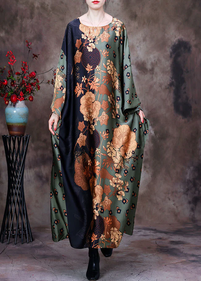 Bohemian Green Print Silk Maxi Dress Batwing Sleeve - Image 2