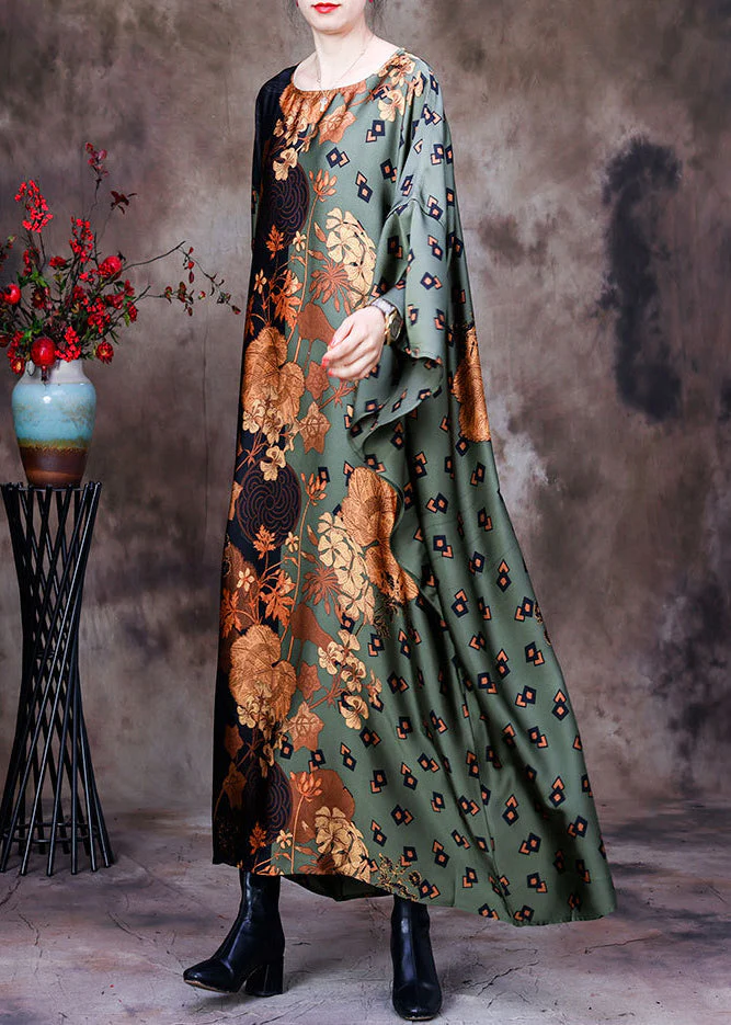 Bohemian Green Print Silk Maxi Dress Batwing Sleeve - Image 3