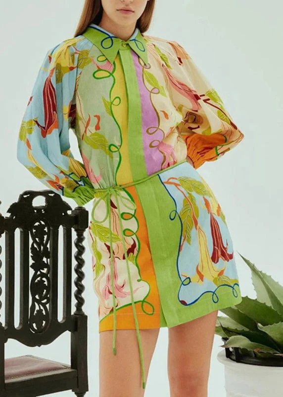 Bohemian Green Print Tie Waist Mid Dress Short Sleeve - Image 2