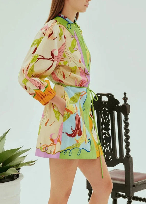 Bohemian Green Print Tie Waist Mid Dress Short Sleeve - Image 3