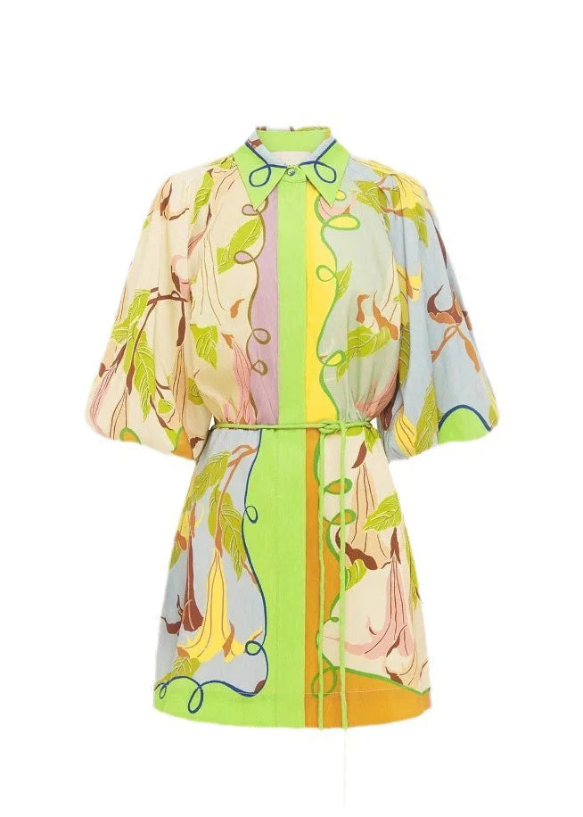 Bohemian Green Print Tie Waist Mid Dress Short Sleeve - Image 5