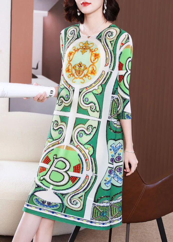 Bohemian Green Print Wrinkled A Liner Dress Bracelet Sleeve - Image 3