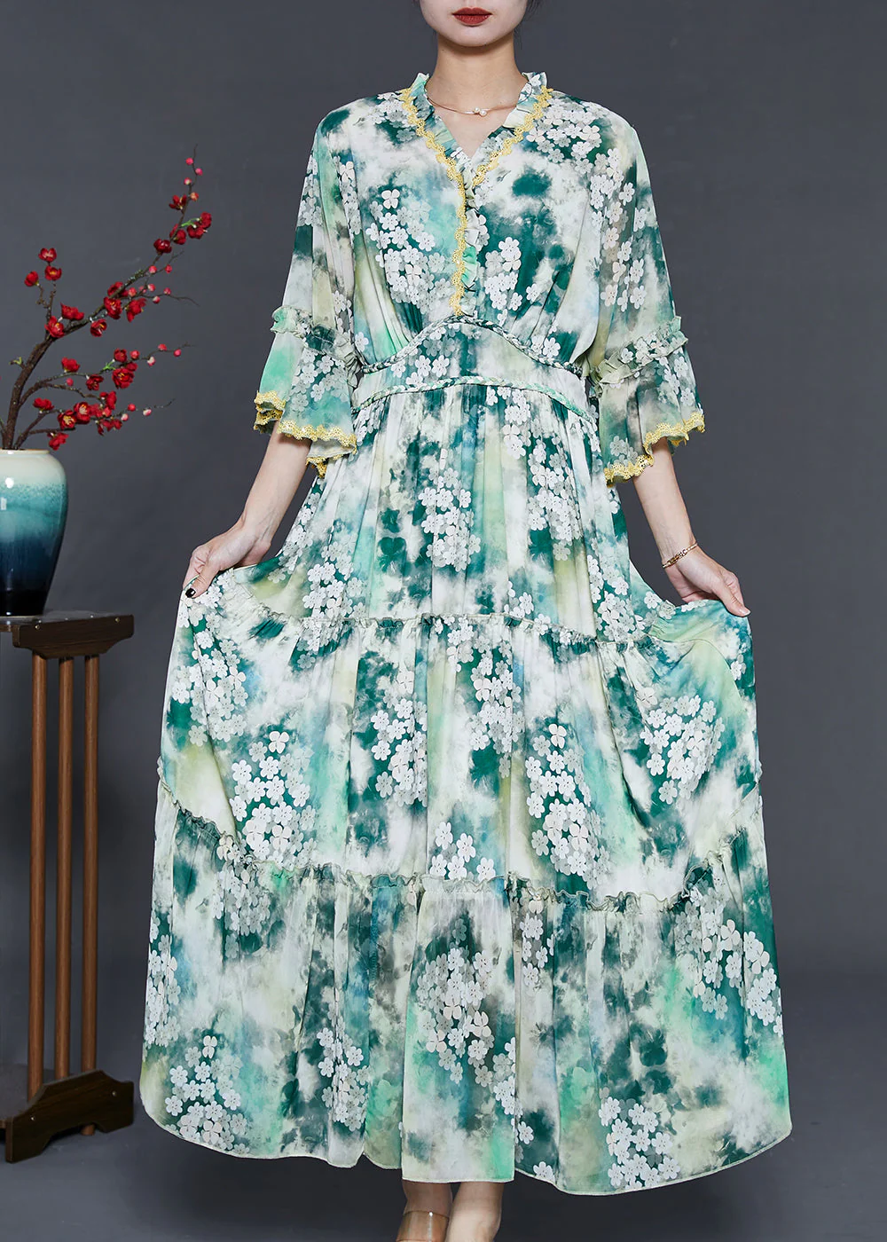 Bohemian Green Ruffled Floral Chiffon Holiday Dress Summer - Image 3