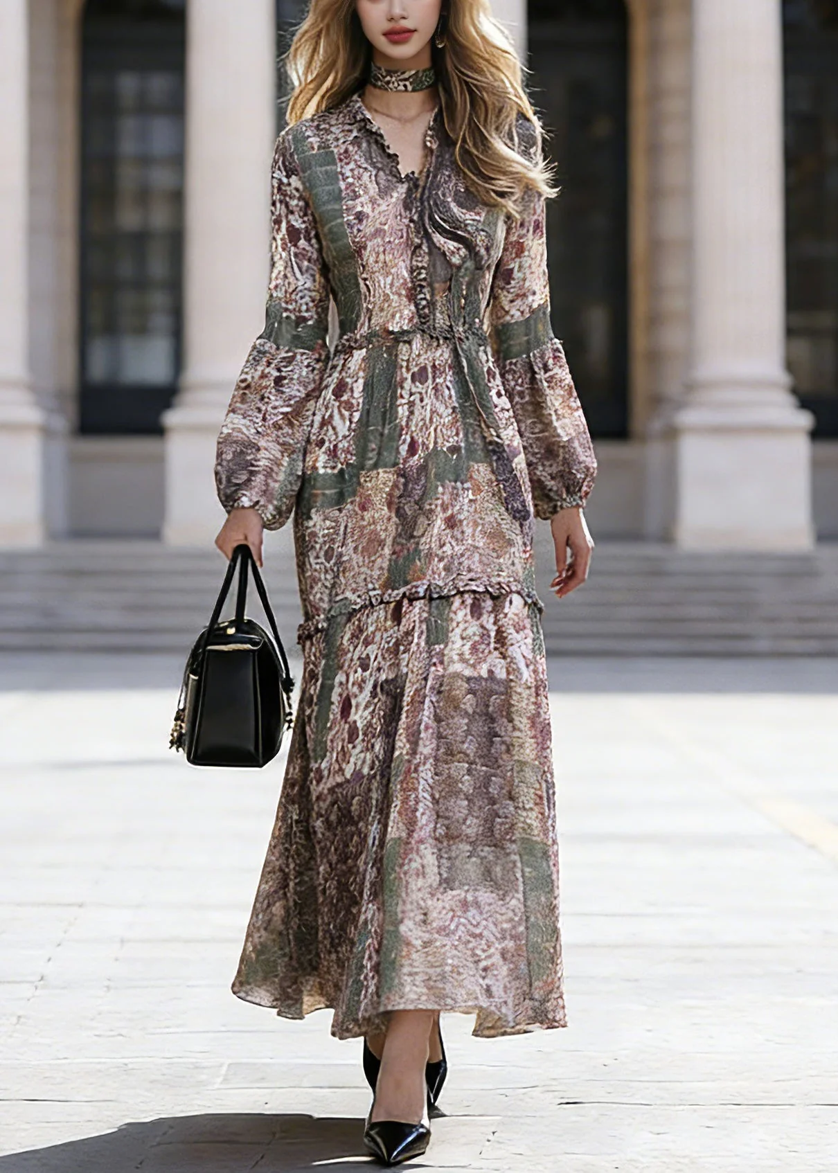 Bohemian Green Ruffled Patchwork Chiffon Vacation Maxi Dresses Spring