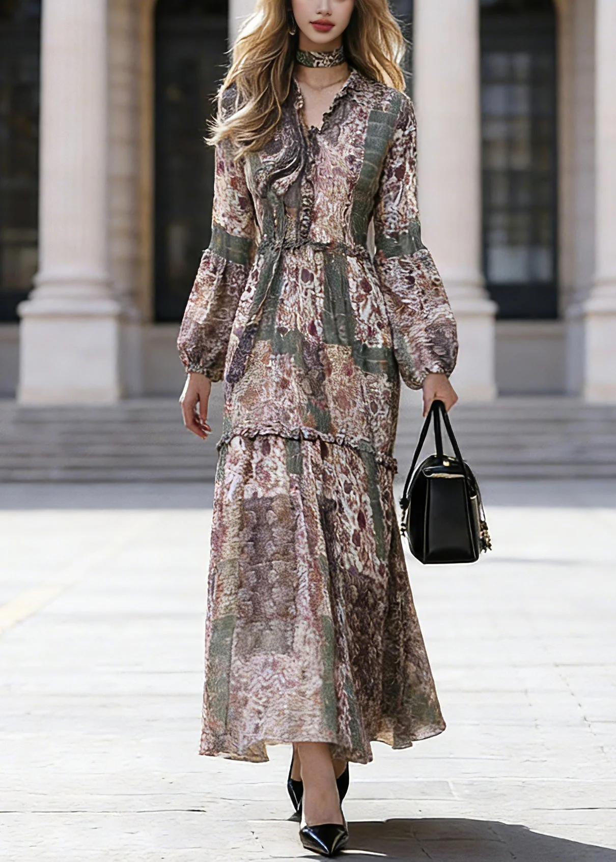 Bohemian Green Ruffled Patchwork Chiffon Vacation Maxi Dresses Spring - Image 3