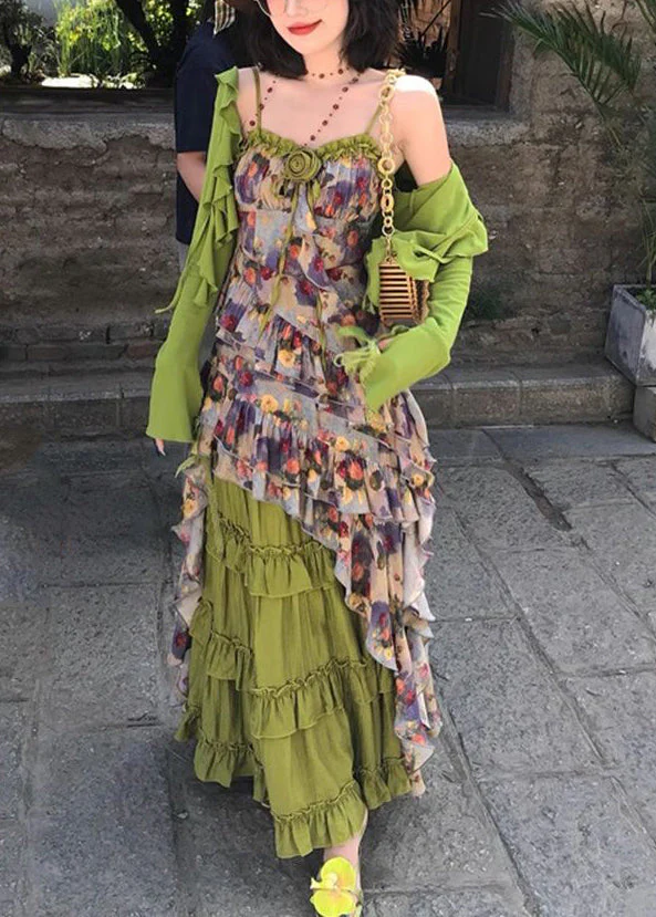 Bohemian Green Ruffled Print Cardigans ,Vest And Maxi Skirts Three Piece Set Long Sleeve - Image 2