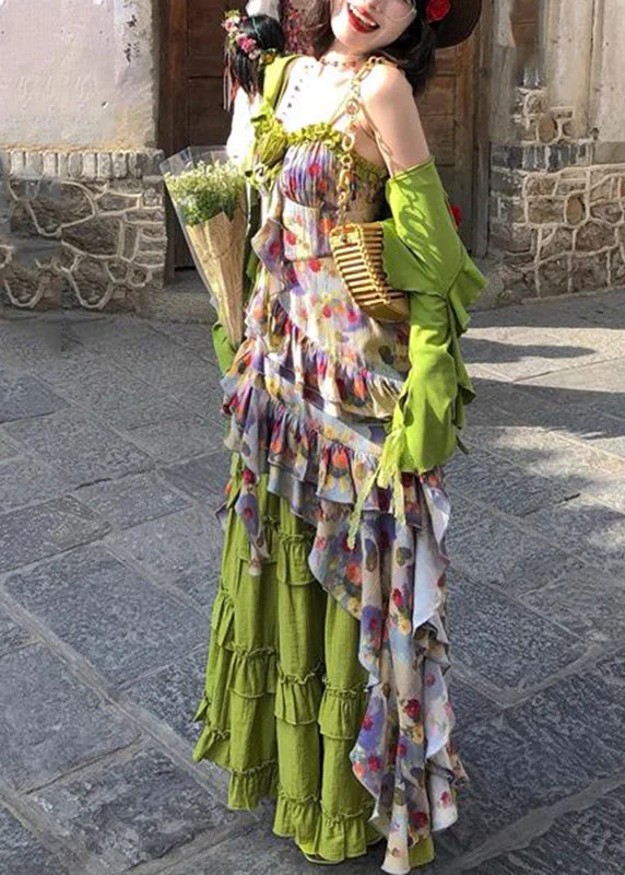 Bohemian Green Ruffled Print Cardigans ,Vest And Maxi Skirts Three Piece Set Long Sleeve - Image 3