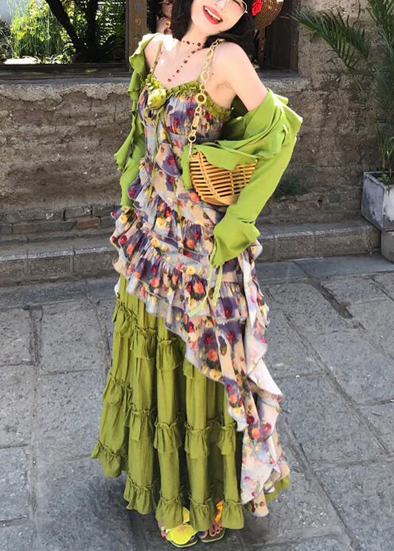 Bohemian Green Ruffled Print Cardigans ,Vest And Maxi Skirts Three Piece Set Long Sleeve - Image 4