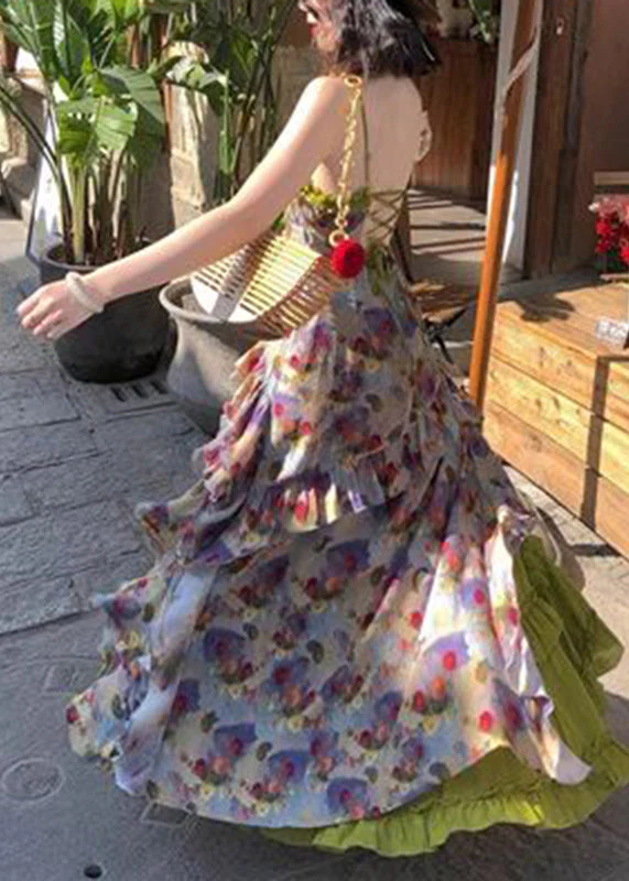Bohemian Green Ruffled Print Cardigans ,Vest And Maxi Skirts Three Piece Set Long Sleeve - Image 5
