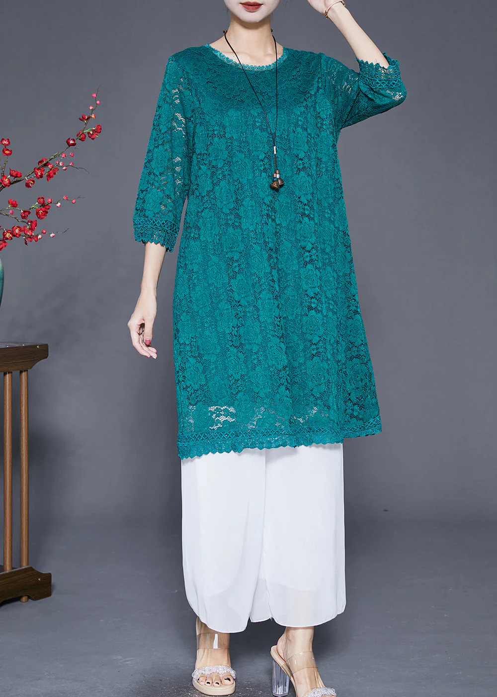 Bohemian Green Slim Fit Hollow Out Lace Dresses Bracelet Sleeve - Image 2