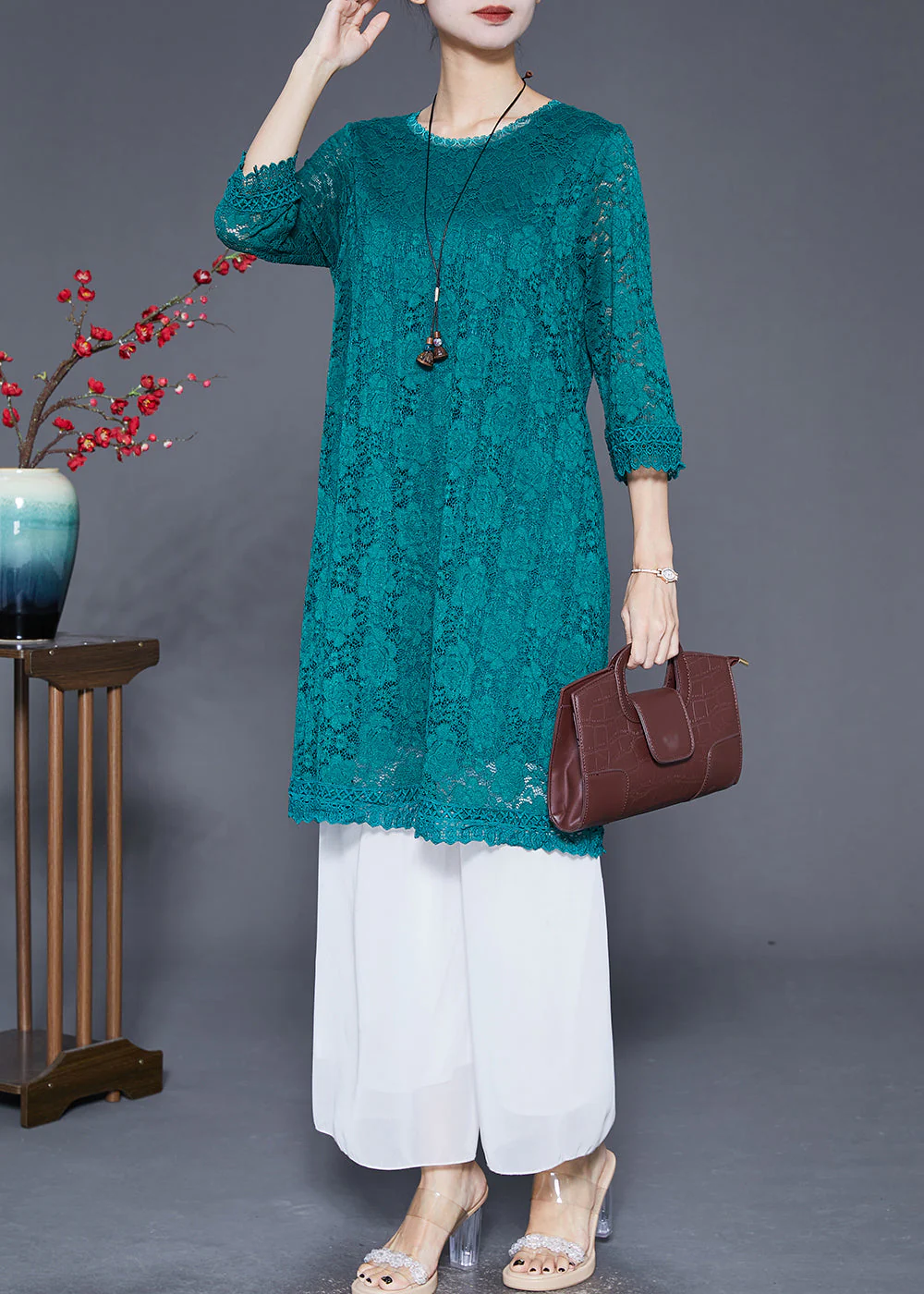 Bohemian Green Slim Fit Hollow Out Lace Dresses Bracelet Sleeve - Image 3