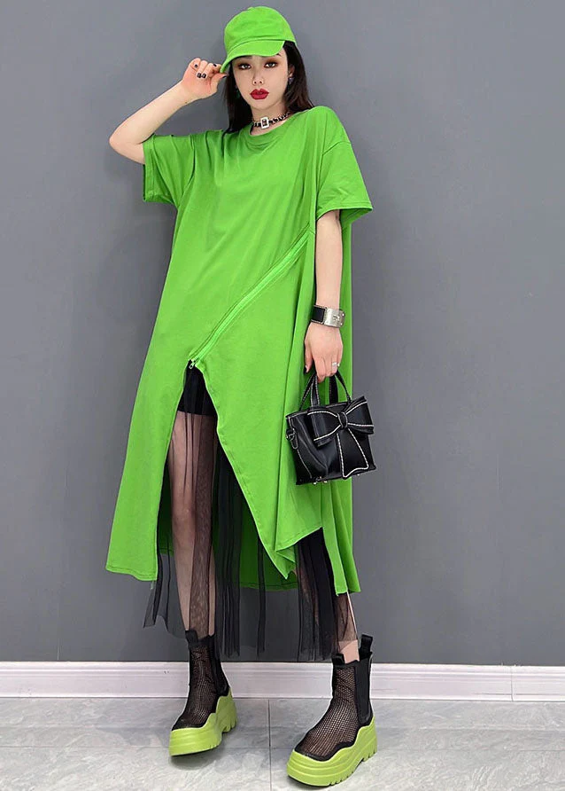 Bohemian Green Solid Asymmetrical Design Cotton Pullover Streetwear Dress Short Sleeve - Image 2