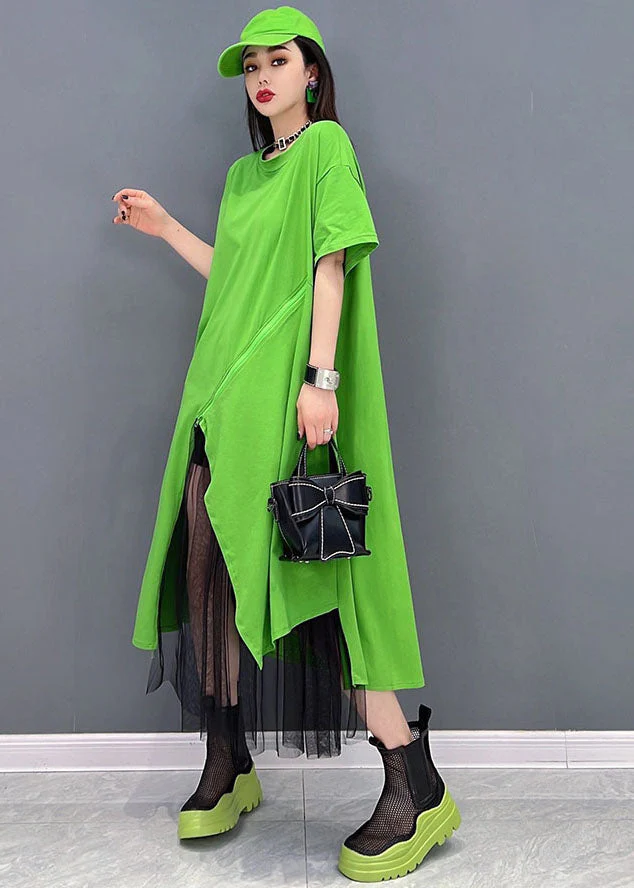 Bohemian Green Solid Asymmetrical Design Cotton Pullover Streetwear Dress Short Sleeve - Image 3
